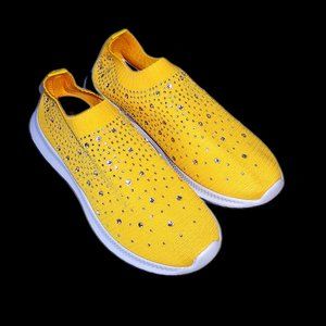 NWOT Women's Yellow Rhinestone Mesh Slip-on Sock Shoes Sneakers Size 8 1/2!